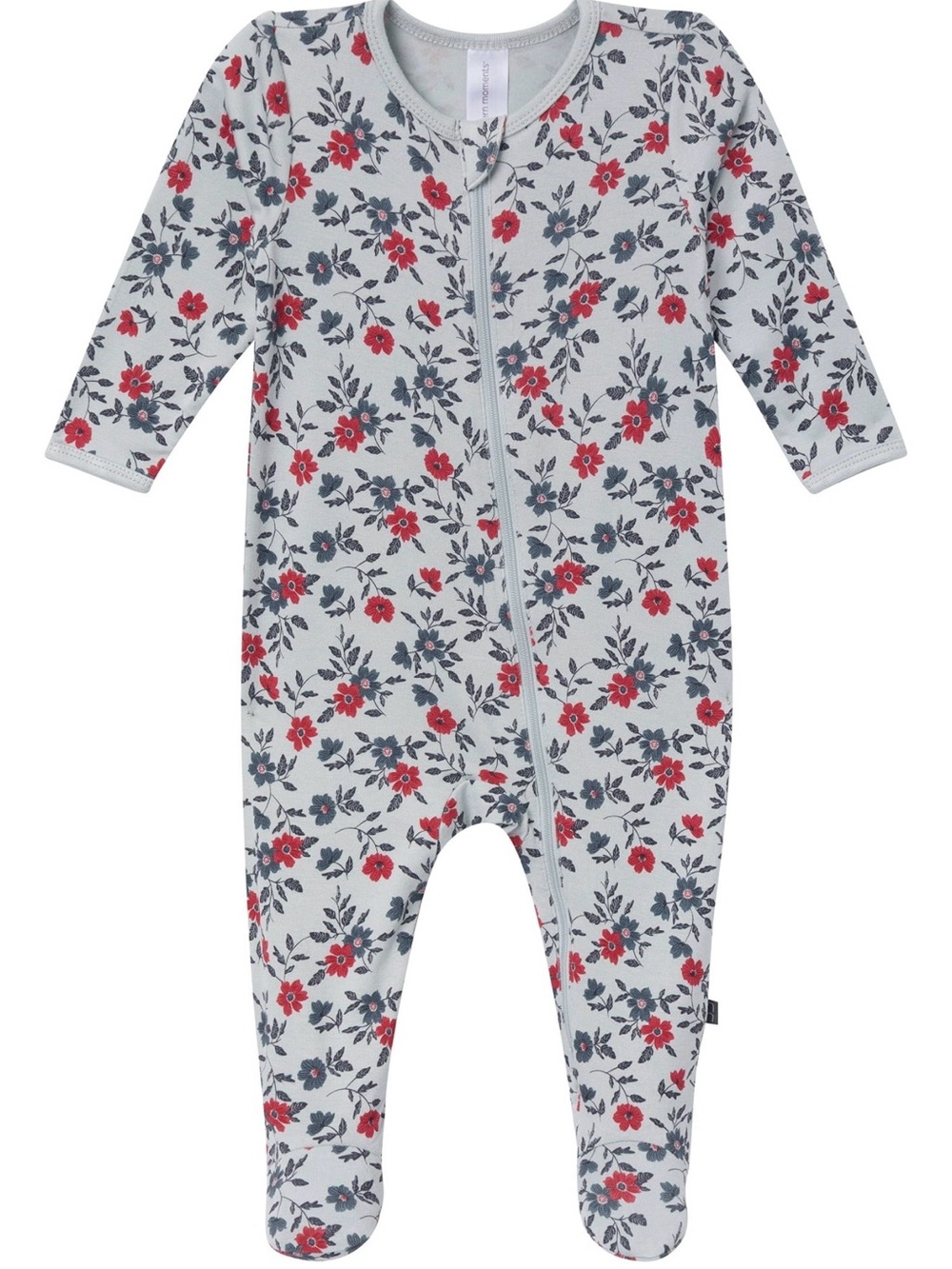 Baby Floral Zip Footie One-Piece - Light Blue/Gray with Red Floral